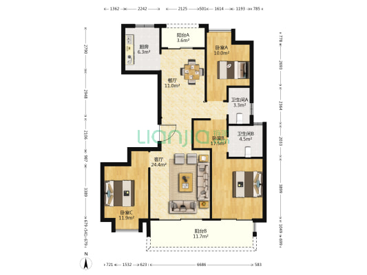 吾悦公馆嘉园 3室2厅2卫 130平方