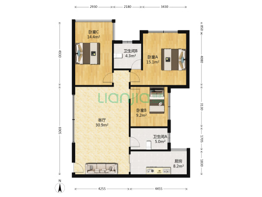 上城南苑 3室1厅2卫 90平方