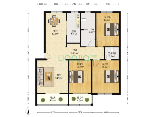 旺角楼 3室2厅2卫 151平方