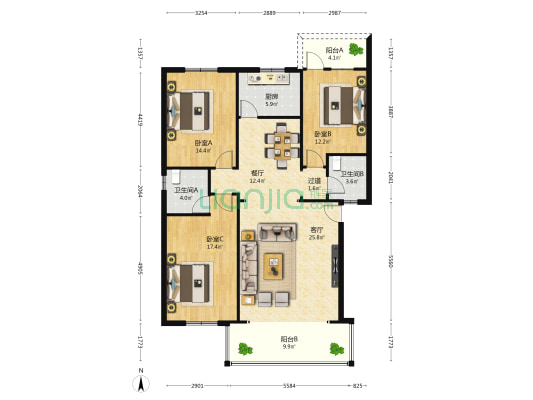 后炉花园 3室2厅2卫 133平方