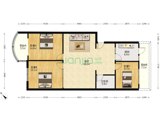 开关厂宿舍 3室1厅1卫 117平方