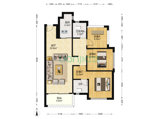 保利中景花园 3室1厅2卫 91平方