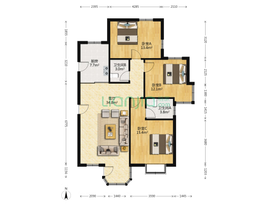 赵都新城绿和园 3室1厅2卫 128平方