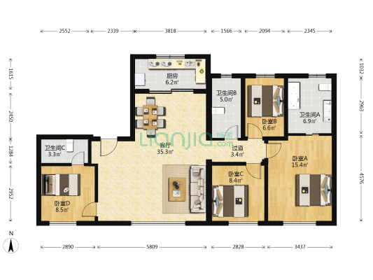 首创天阅山河 4室1厅3卫 157平方
