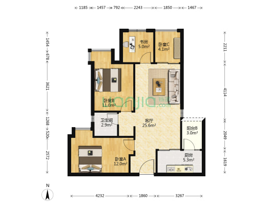 东原嘉阅湾映十里B区 4室1厅1卫 90平方