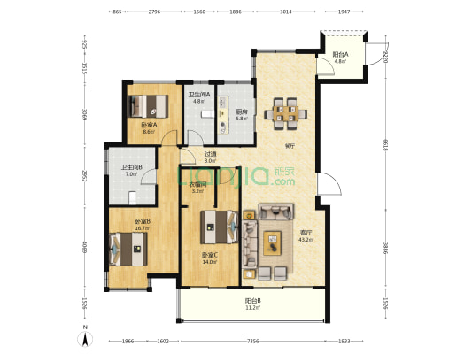 卓越雅苑 3室1厅2卫 136平方