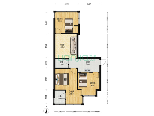 昆明剧院宿舍 3室1厅2卫 47平方