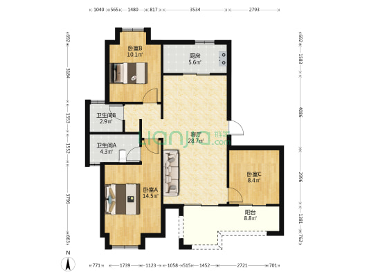 璀璨时代 3室1厅2卫 107平方