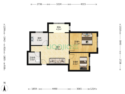牛津花园小区 东北向两居 中高层 户型方正 格局好-户型图