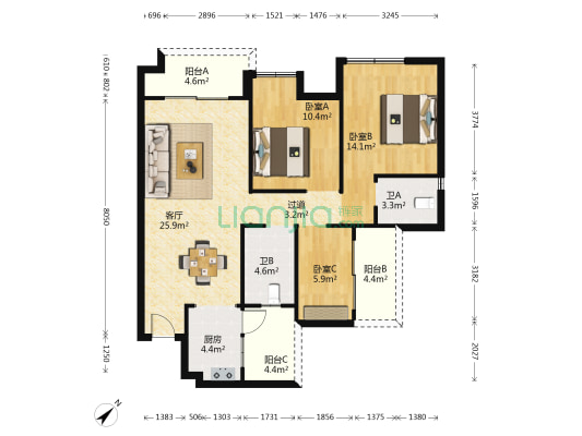 美林康城 3室1厅2卫 107平方