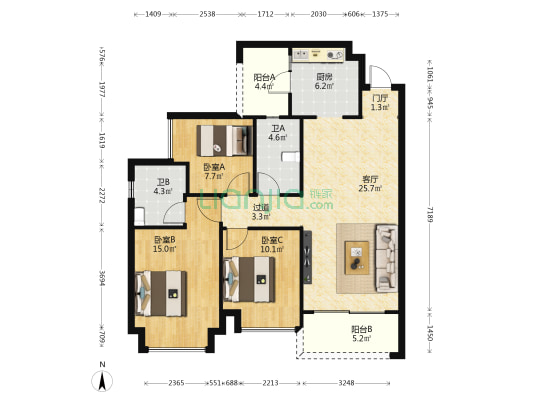 恒大西江天悦 3室1厅2卫 108平方