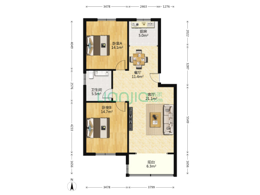 都市丽舍 2室2厅1卫 99平方