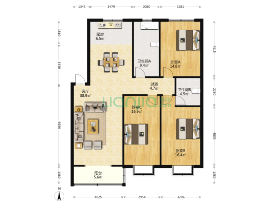 向塘思强南路 3室1厅2卫 135平方
