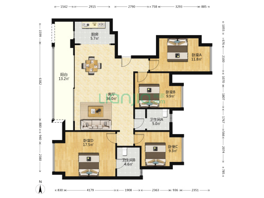 香港置地云山岳南区 4室1厅2卫 130平方
