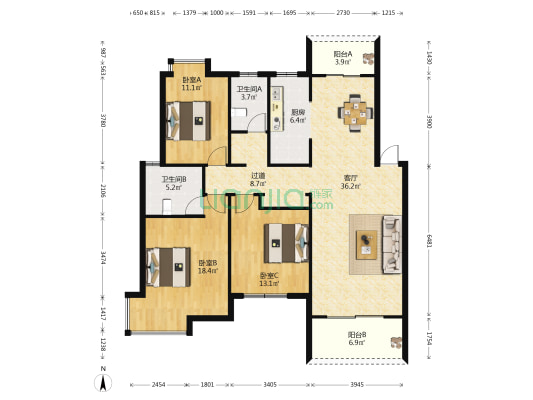 远通上城 3室1厅2卫 126平方