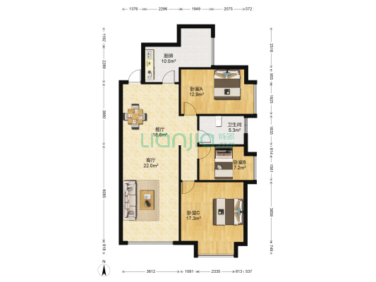 鑫金花园(科医路) 3室2厅1卫 118平方