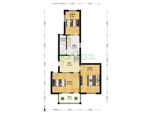 江西客车厂宿舍 3室1厅1卫 64平方