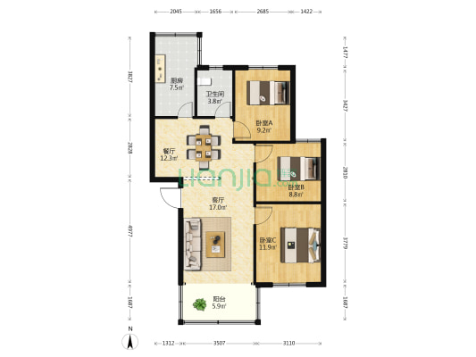 星河名居小区 3室2厅1卫 96平方