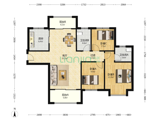 东台恒大翡翠龙庭 3室1厅2卫 123平方