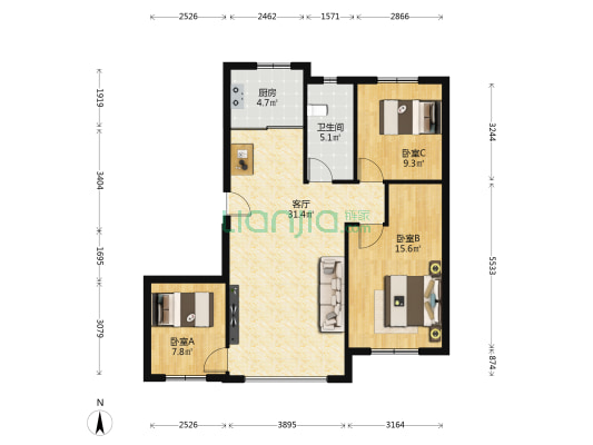 水果新城六期 3室1厅1卫 87平方