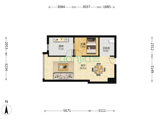 龙湖三千城光耀 1室1厅1卫 75平方