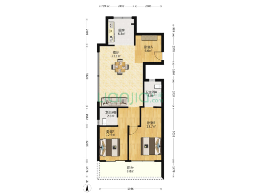 中天溪珺庭 3室1厅2卫 95平方