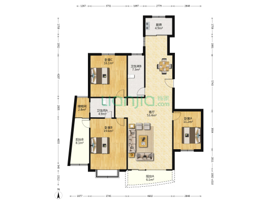 盈园广场 3室1厅2卫 166平方