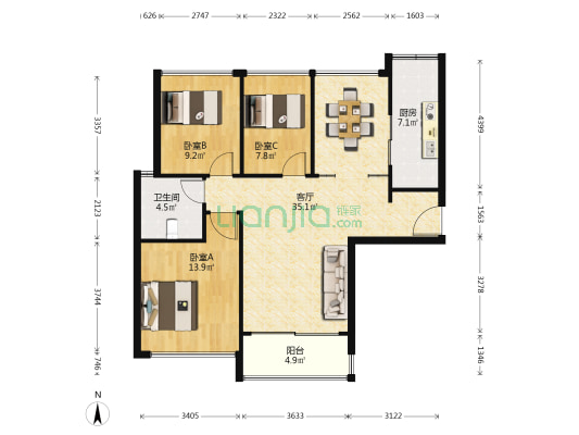 泰峰名人金谷园 3室1厅1卫 88平方