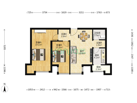 朝北8080 2室1厅1卫 89平方