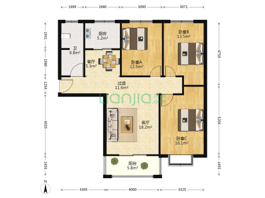 蝶御花园 3室2厅1卫 128平方