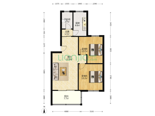 房子是南北通透的两居，主卧客厅朝南，次卧和厨房朝北-户型图