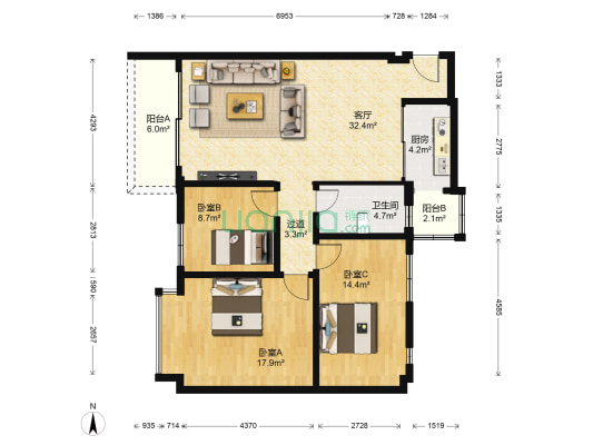 阳光嘉园小区 3室1厅1卫 95平方