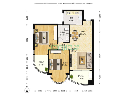 濠江壹号 2室2厅1卫 88平方