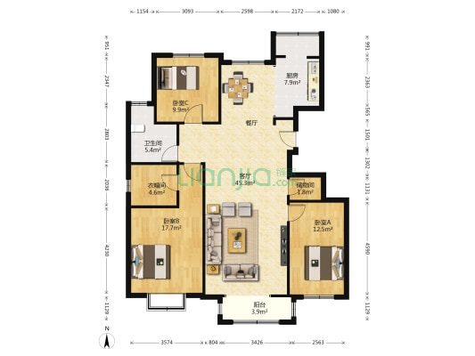 海都园 3室1厅1卫 140平方