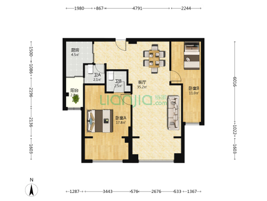 金城华府 2室1厅2卫 89平方