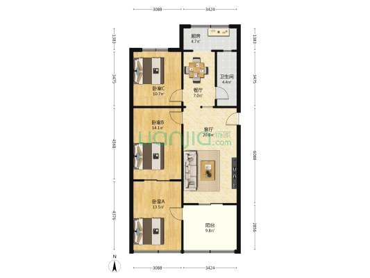 陕西街34号 3室2厅1卫 96平方