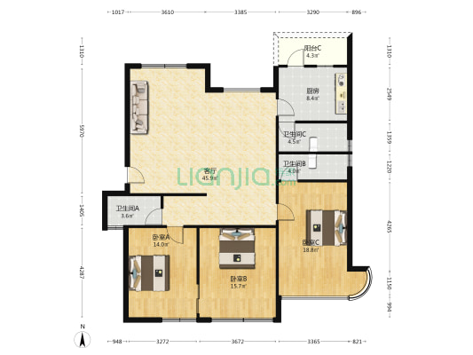 筆架新村 3室1厅3卫 137平方