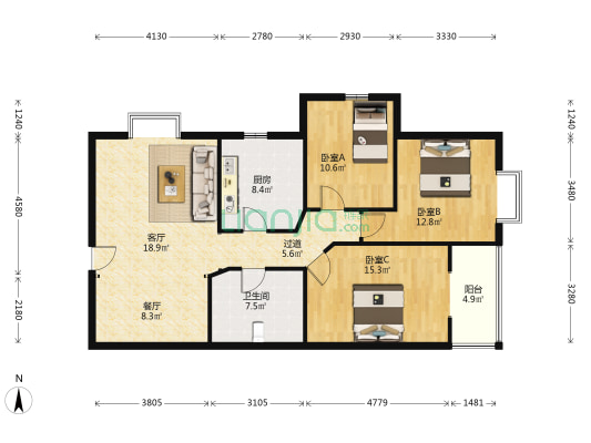 逸景公寓 3室2厅1卫 127平方