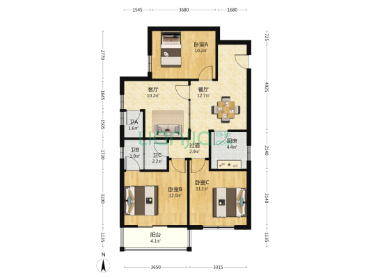 南湖康泰花园 3室2厅3卫 98平方