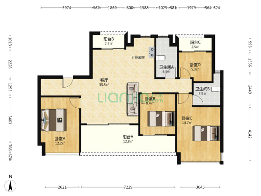建发郎云 4室1厅2卫 126平方
