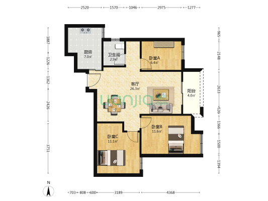 万科公园5号 3室1厅1卫 92平方