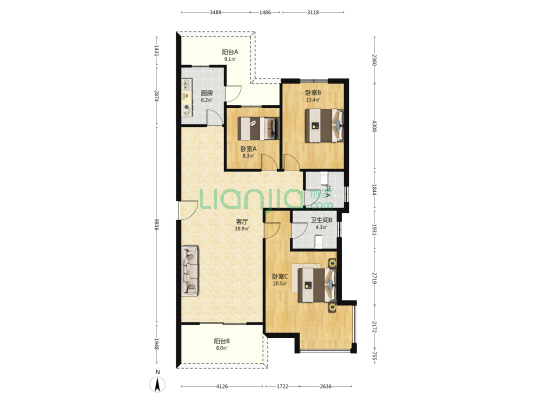 中清花园小区 3室1厅2卫 135平方