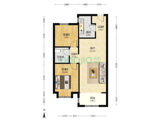 潮白河孔雀城雅欣园 2室1厅1卫 85平方