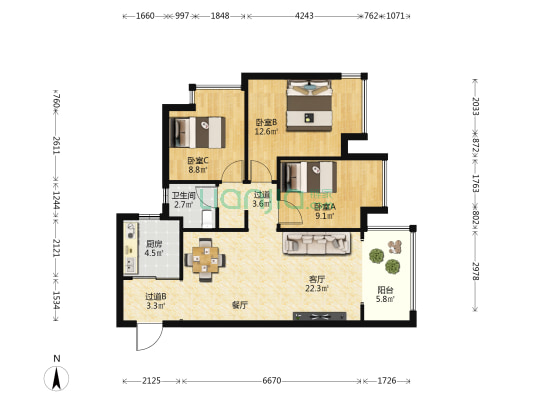 招商雍荣府 3室1厅1卫 89平方