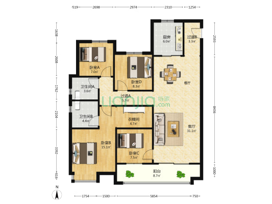 南昌中骏世界城 4室1厅2卫 135平方