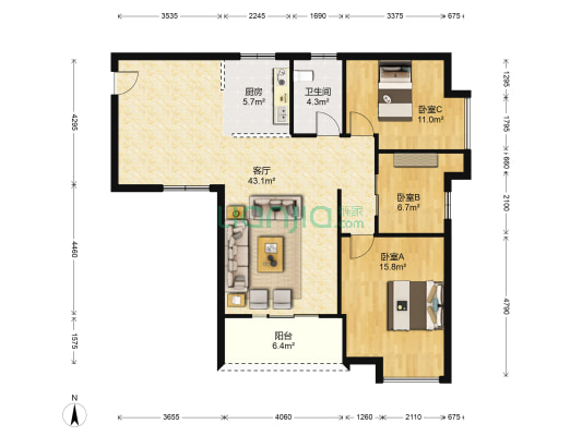兴宸深港国际 3室1厅1卫 117平方