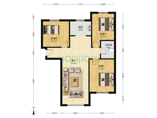 K2狮子城南区 3室2厅 南 北-户型图