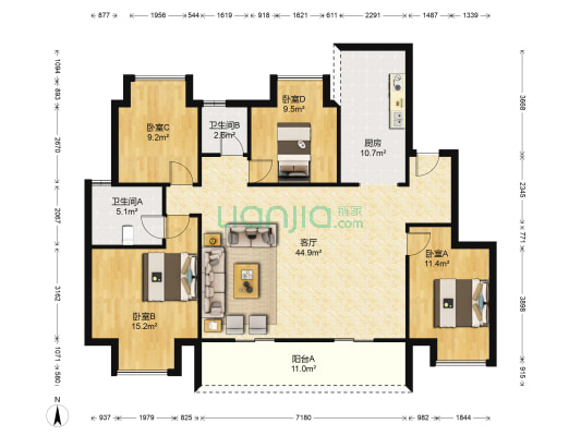 西著七里五组团 4室1厅2卫 131平方