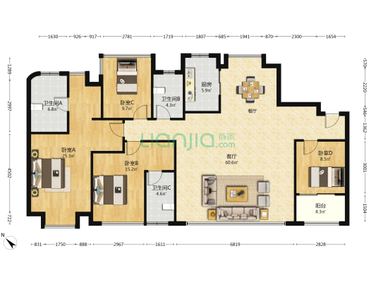 保利国贸天琴 4室1厅3卫 189平方