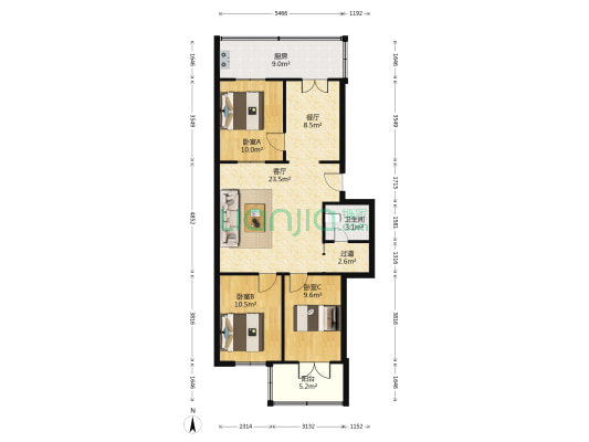 市政8号院 3室2厅1卫 92平方
